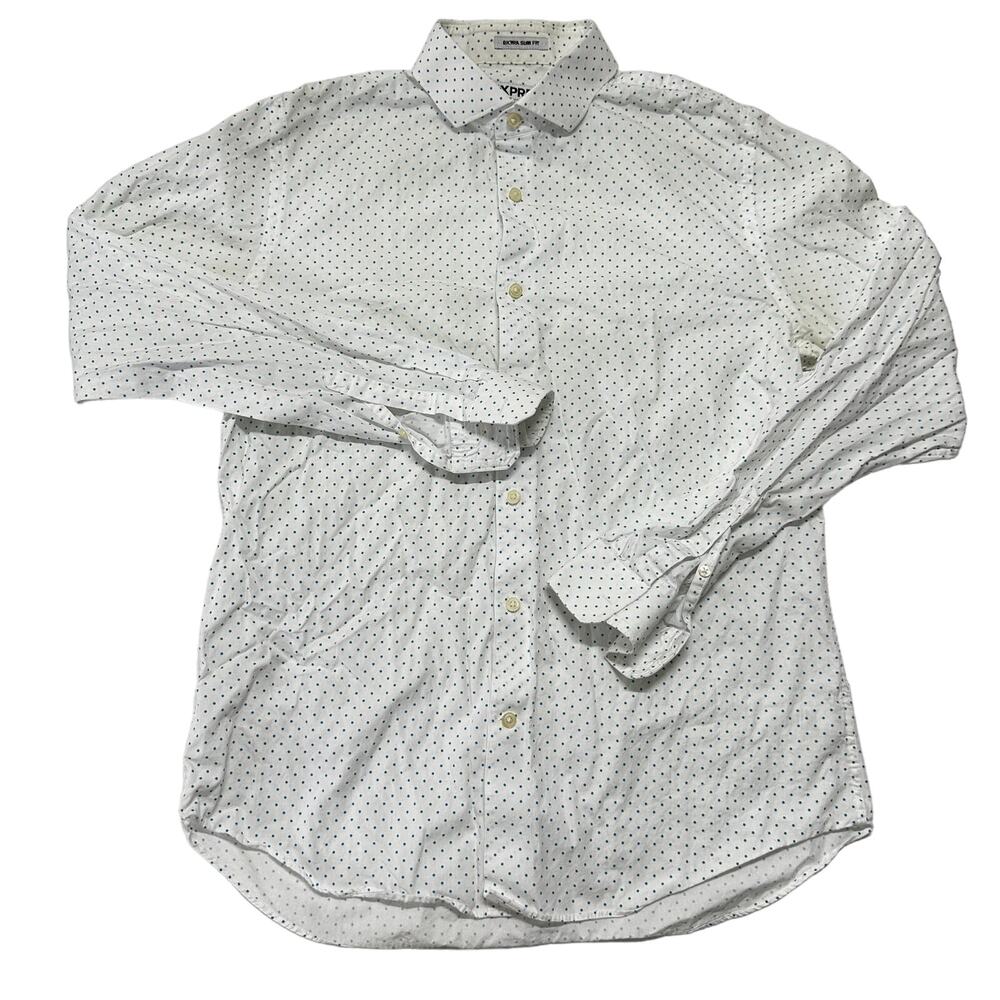Express Button Up Shirt L Green White Polka Dots Cotton Extra Slim Preppy FLAW